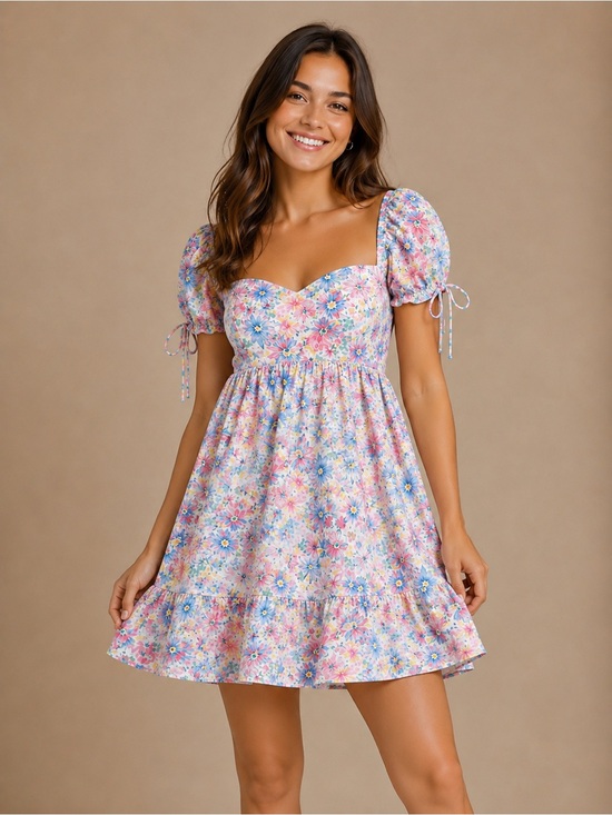 Dresses & Skirts - Sweetheart Neck Puff Sleeve Floral Mini Dress - Pink Multi